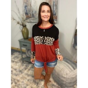 ❤️‍🔥Color Block Leopard Round Neck Long Sleeve Self Tie 0619